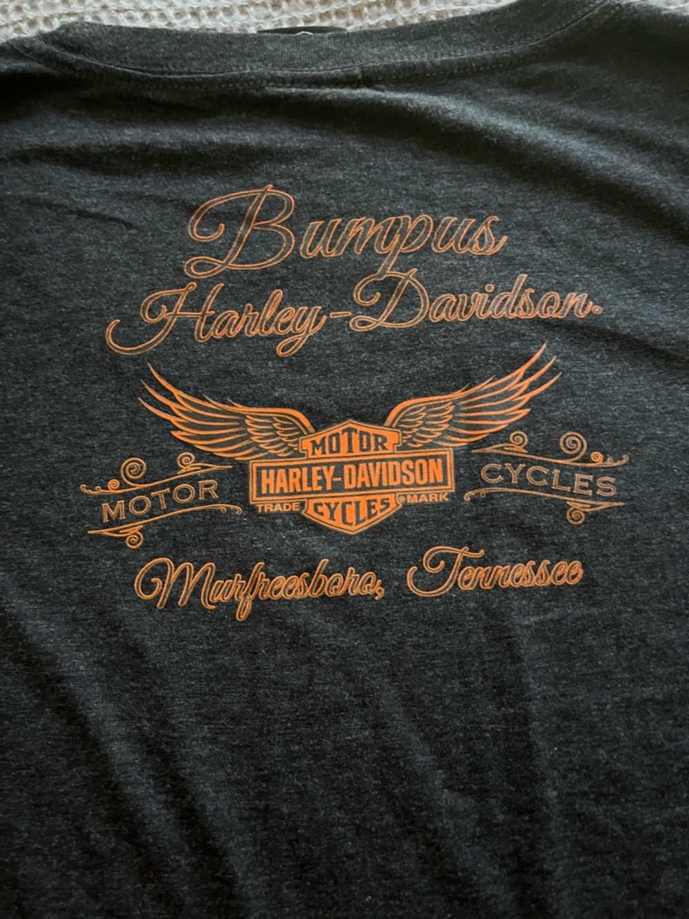 Harley-Davidson Women's Charcoal Tee with White and Orange Script Logo - Picture 3 of 4